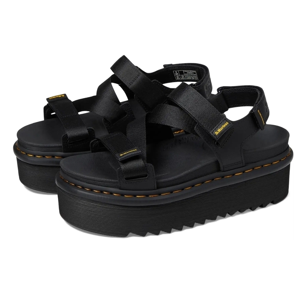 Dr. Martens Black Platform Strap Sandals with Yellow Stitching
